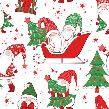 Merry Christmas Seamless vector pattern with cute hand drawn gnomes, Christ.. Stock Illustration