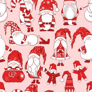 Merry Christmas Seamless vector pattern with cute hand drawn gnomes, Christ.. Stock Illustration