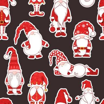 Merry Christmas Seamless vector pattern with cute hand drawn gnomes, Christ.. Stock Illustration