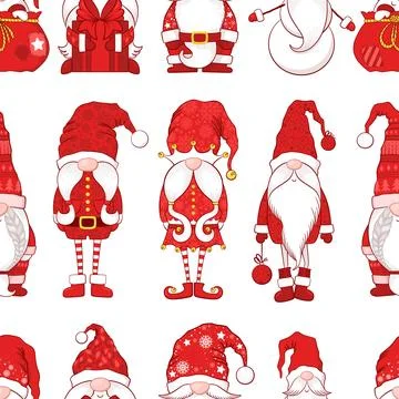 Merry Christmas Seamless vector pattern with cute hand drawn gnomes, Christ.. Stock Illustration
