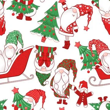 Merry Christmas Seamless vector pattern with cute hand drawn gnomes, Christ.. Stock Illustration