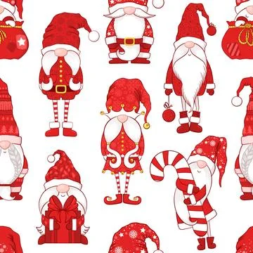 Merry Christmas Seamless vector pattern with cute hand drawn gnomes, Christ.. Stock Illustration