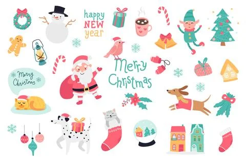 Merry Christmas set with cartoon elements in flat design. Bundle of wreath Stock Illustration
