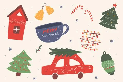 Merry christmas set of decorative elements, flat cartoon style Stock Illustration
