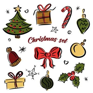 Merry Christmas set of traditional decor and elements. Tree, gift boxes, red bow Illustrazione stock