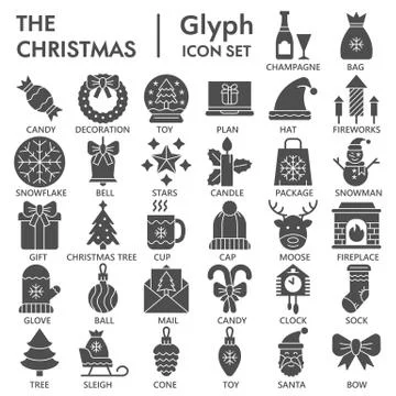 Merry Christmas solid icon set, xmas symbols collection or sketches. Happy New Stock Illustration