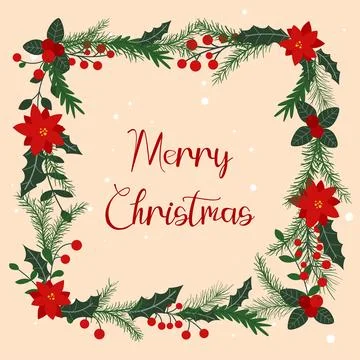 Merry Christmas square frame with berries, foliage and holly Illustration