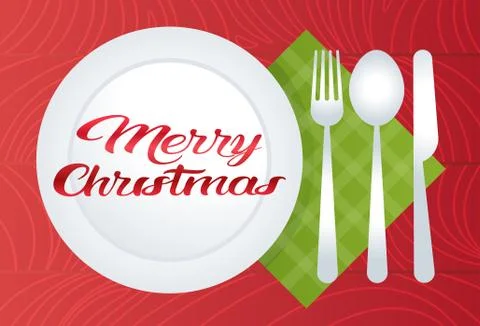 Merry christmas table setting with plate spoon fork knife holiday decoration Stock Illustration