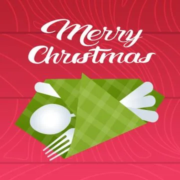 Merry christmas table setting with spoon fork knife wrapped in napkin holiday Stock Illustration