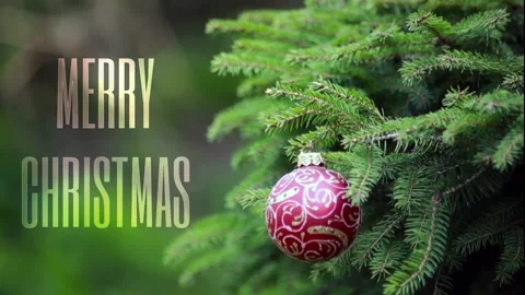 "Merry Christmas" Text against Background with  Red ball on Christmas tree br Video stock 115280141