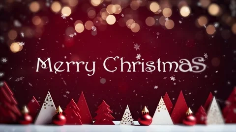 Merry Christmas text animation with falling snow and sparkles on red background Video stock 260606334