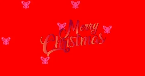 Merry Christmas text centered, pink butterflies appearing at sides, floating in, Stock Footage 326994319