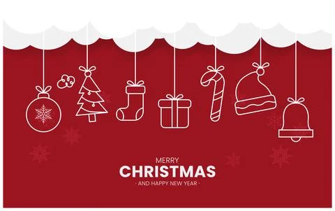 Merry Christmas Text with Hanging Elements on Red Background - Vector illus.. 스톡 일러스트