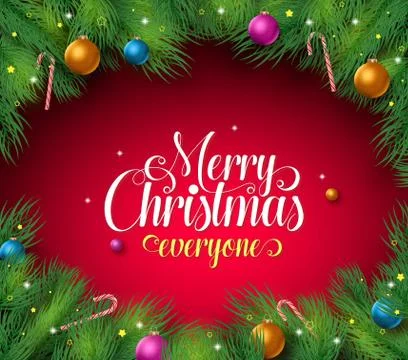 Merry christmas text in a red background with pine leaves boarder Stock Illustration