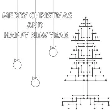 Merry Christmas text with technology electronic circuit tree and ornaments Stock Illustration
