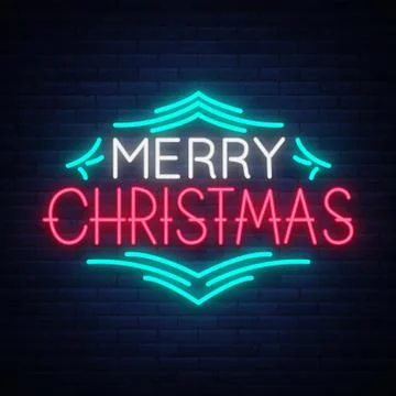Merry Christmas text, template design letter template, cover in a neon style Stock Illustration