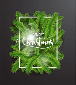 Merry Christmas text with tree branches and white border on dark background.  Stock Illustration