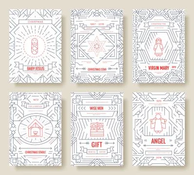 Merry Christmas thin line vector brochure cards set. birth of Christ template of Stock Illustration