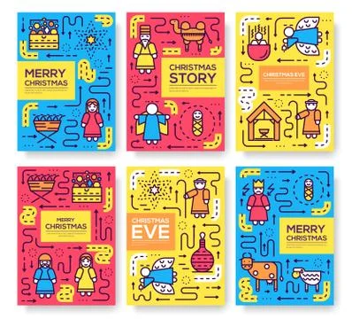 Merry Christmas thin line vector brochure cards set. birth of Christ template of Stock Illustration