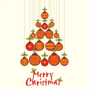Merry christmas tree design by hanging ball greeting card design vector Ilustração Stock