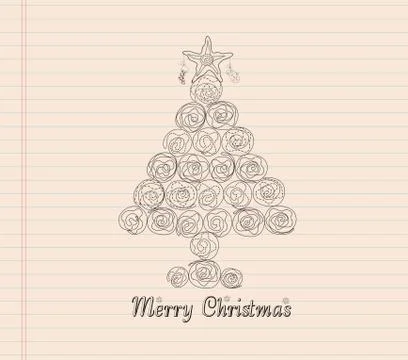 Merry christmas with tree hand draw Stock Illustration