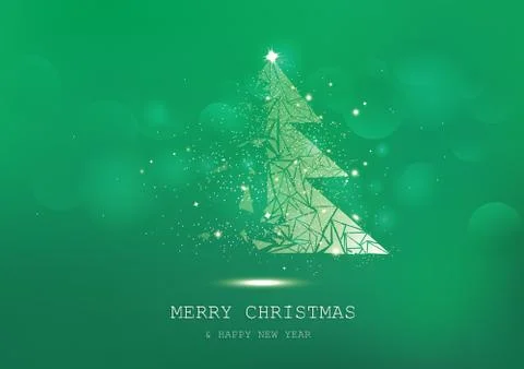 Merry Christmas, tree polygon, confetti, golden glowing particles scatter poster Stock Illustration