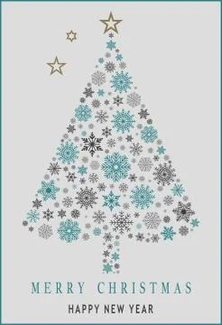 Merry Christmas tree vector with snowflakes, stars and Happy New Year greetings. Stock Illustration