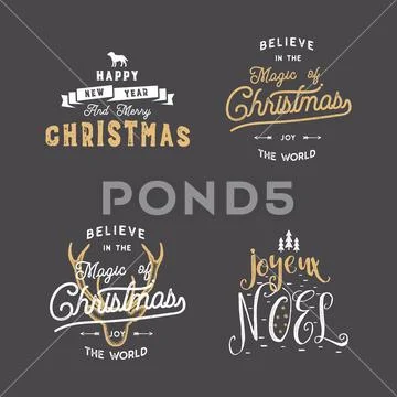 Merry Christmas typography quotes, wishes set. Sunbursts, ribbon and xmas noel Stock Illustration