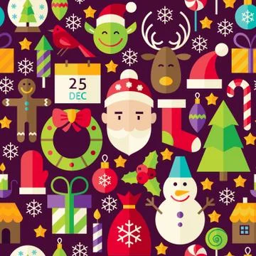 Merry Christmas Vector Flat Design Brown Seamless Pattern Stock Illustration