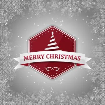 Merry Christmas vector red label with Christmas tree, silver ribbon, snow and Stock Illustration