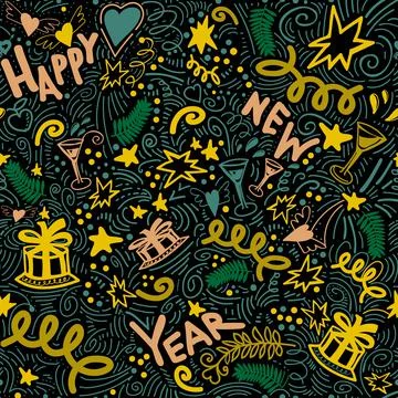 Merry Christmas vector seamless pattern with colored doodles and lettering. Stock Illustration