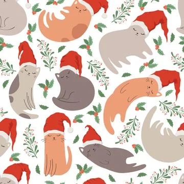 Merry Christmas vector seamless pattern of cute hand drawn cats In Santa ha.. Stock Illustration