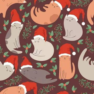 Merry Christmas vector seamless pattern of cute hand drawn cats In Santa ha.. Stock Illustration