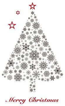 Merry Christmas vector tree with snowflakes, red stars on isolated white back. Stock Illustration