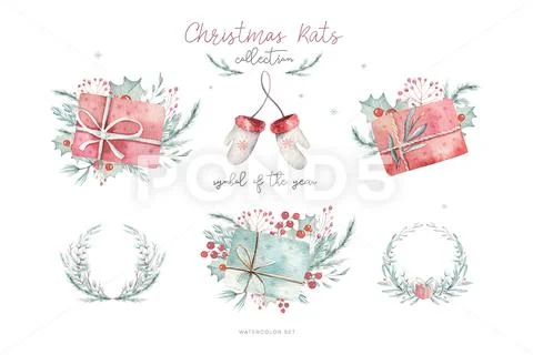 Merry Christmas watercolor set with floral elements. Happy New Year gift boxes Stock Illustrationen