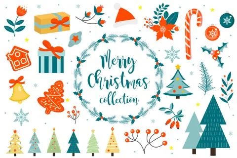 Merry christmas winter objects set. Collection of design elements with holly Stock Illustration