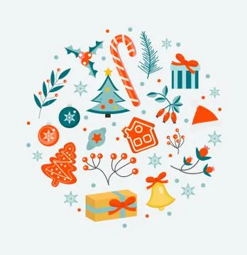 Merry christmas winter objects set. Collection of design elements with holly イラスト素材