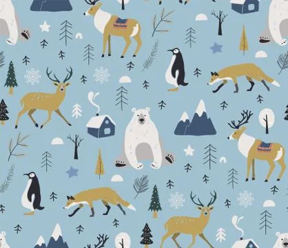 Merry Christmas winter pattern. Seamless pattern with winter animals, reindeer Stock Illustration