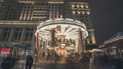 Merry-go-round carousel at night timelapse Stock Footage