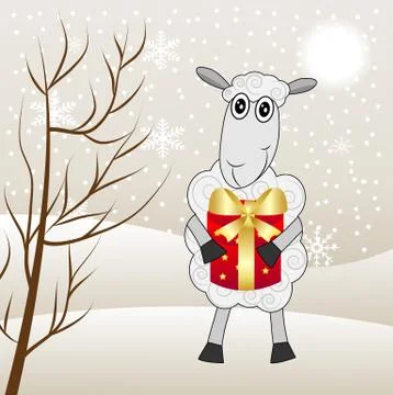 Merry sheep with a gift on a background winter landscape Stock Illustration
