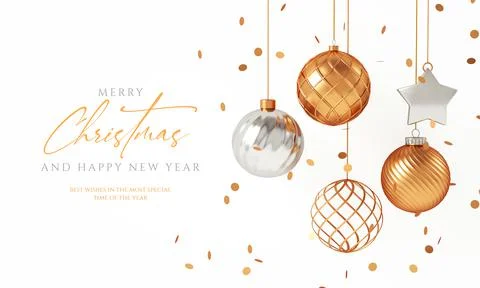Merry Xmas and happy new year white background with golden hanging balls and  Stock Photos