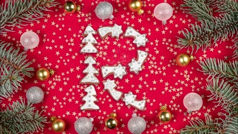 Merry Xmas gingerbread cookie text animation on red cloth fabric Видео 263891943