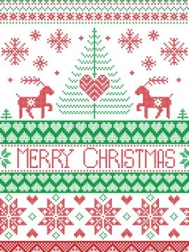 Merry xmas tall xmas pattern with reindeer in red green white Stock Illustration