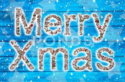 Merry xmas wishes on blue wooden background and collage. Stock Illustration