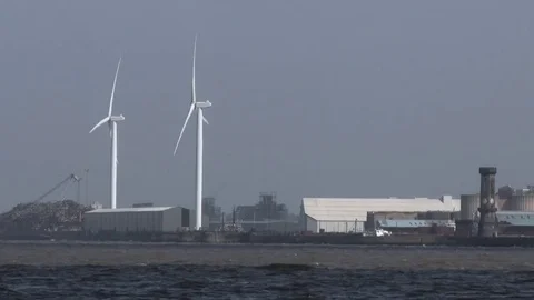 Mersey Estuary Wind Turbines Stock Footage 79973683