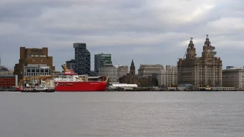 The Mersey Ferry passes the RSS Sir David Attenborough Stock Footage 141683117