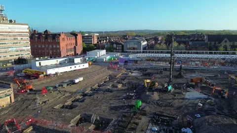 Merseyside town infrastructure regeneration project aerial view over public Stock Footage 334003870