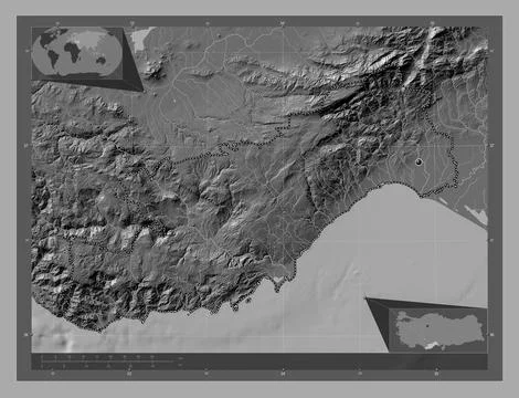 Mersin, Turkiye. Bilevel elevation map with lakes and rivers Stock Illustration