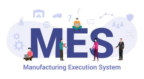 Mes manufacturing execution system concept with big word or text and team peo Stock Illustration