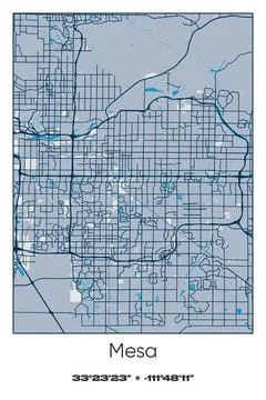 Mesa, Arizona - vector map of city in Blue, Gray, Yellow, Olive colors Stockillustratie